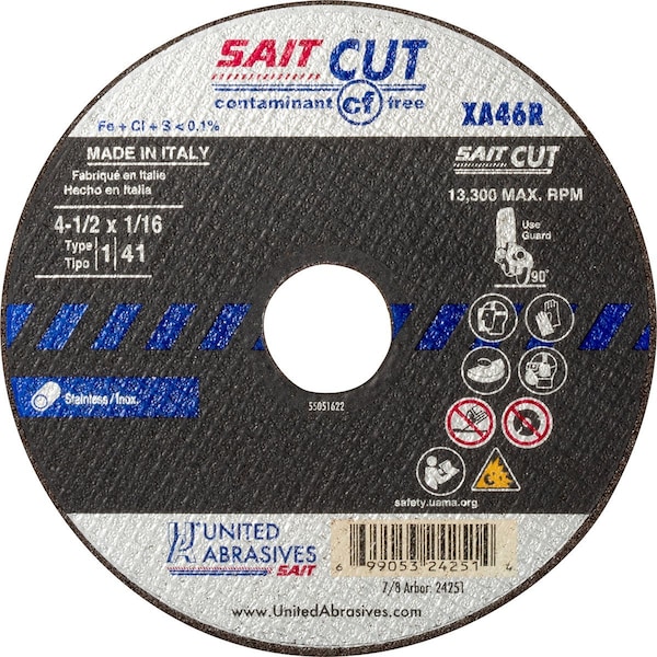 United Abrasives/Sait Abrasive Cut-Off Wheel, Type 1-/ Type 41, 6 in Dia, 1/16 in Thick, 7/8 in Arbor Hole Size 24253 - main